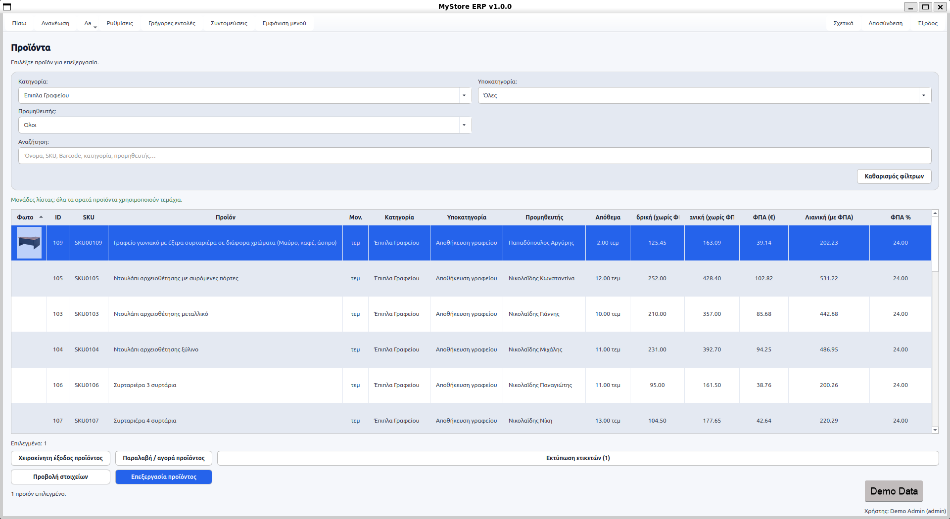 MyStore products and inventory management screen using demo data